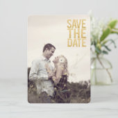 White Gold Glitter Save the Date Typography Photo Kaart (Staand voorkant)