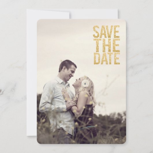 White Gold Glitter Save the Date Typography Photo Kaart (Voorkant)