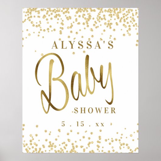 White Gold Glitter Script Font Baby shower Poster (Voorkant)