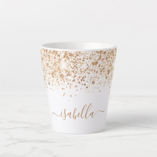 White gold glitter sparkles name script latte mok (Voorkant)