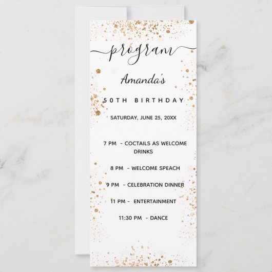 White gold glitter sparkles programmakaart kaart (Achterkant)