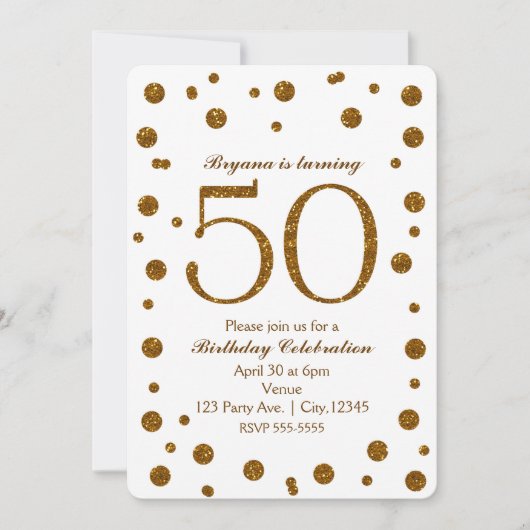 White & Gold Glitter Stippen 50th 50th Birthday Pa Kaart (Voorkant)