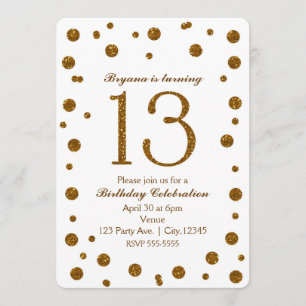 White & Gold Glitter Stippen Sweet 13 Birthday Par Kaart