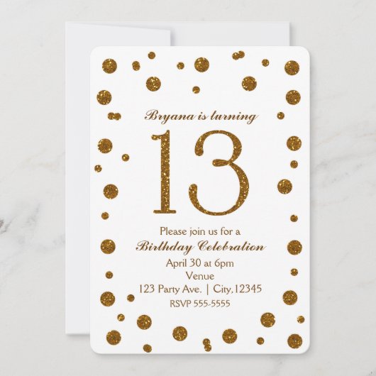 White & Gold Glitter Stippen Sweet 13 Verjaardagsf Kaart (Voorkant)