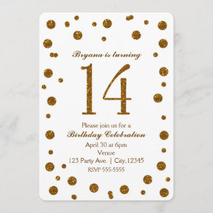 White & Gold Glitter Stippen Sweet 14 Birthday Par Kaart