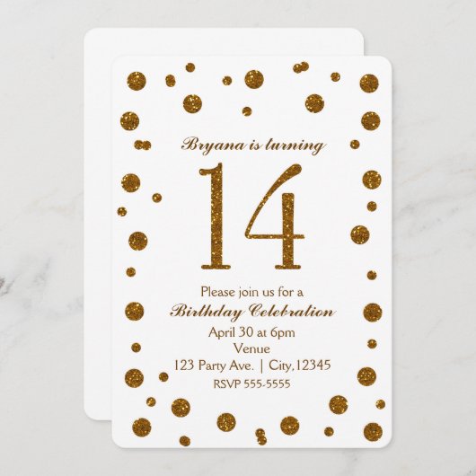 White & Gold Glitter Stippen Sweet 14 Verjaardagsf Kaart (Voorkant / Achterkant)
