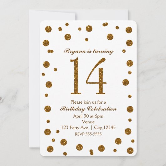 White & Gold Glitter Stippen Sweet 14 Verjaardagsf Kaart (Voorkant)