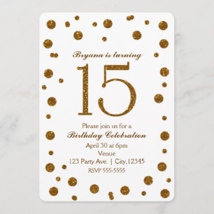 White & Gold Glitter Stippen Sweet 15 Birthday Par Kaart