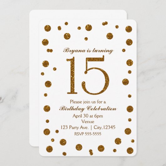 White & Gold Glitter Stippen Sweet 15 Verjaardagsf Kaart (Voorkant / Achterkant)