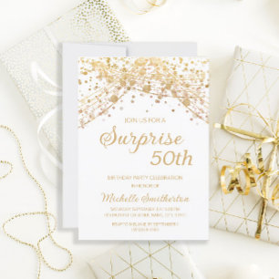 White Gold Glitter Surprise 50th Birthday Kaart