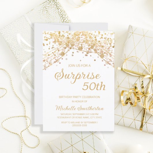 White Gold Glitter Surprise 50th Birthday Kaart