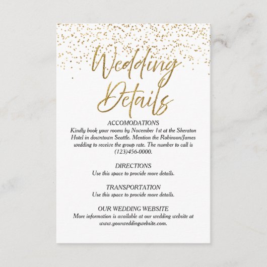 White & Gold Glitter Wedding Details Kaart (Voorkant)