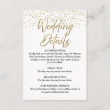 White & Gold Glitter Wedding Details Kaart