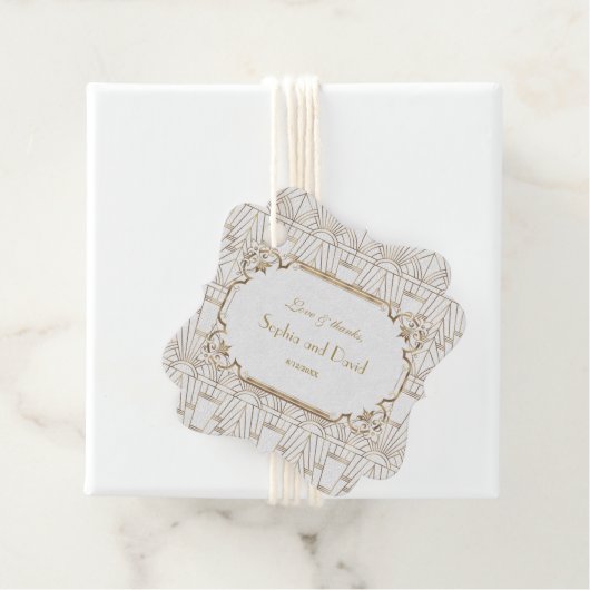 White Gold Great Gatsby Art Deco 1920s Wedding Bedankjes Labels (In situ)