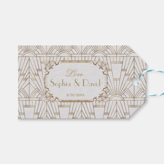 White Gold Great Gatsby Art Deco 1920s Wedding Cadeaulabel (Voorkant (Horizontaal))