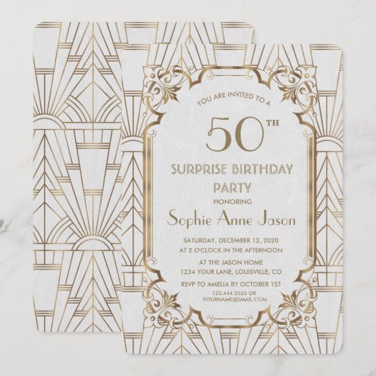 White Gold Great Gatsby Art Deco 50 Birthday Party Kaart (Voorkant / Achterkant)