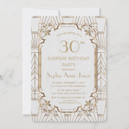 White Gold Great Gatsby Art Deco Birthday Party Kaart (Voorkant)