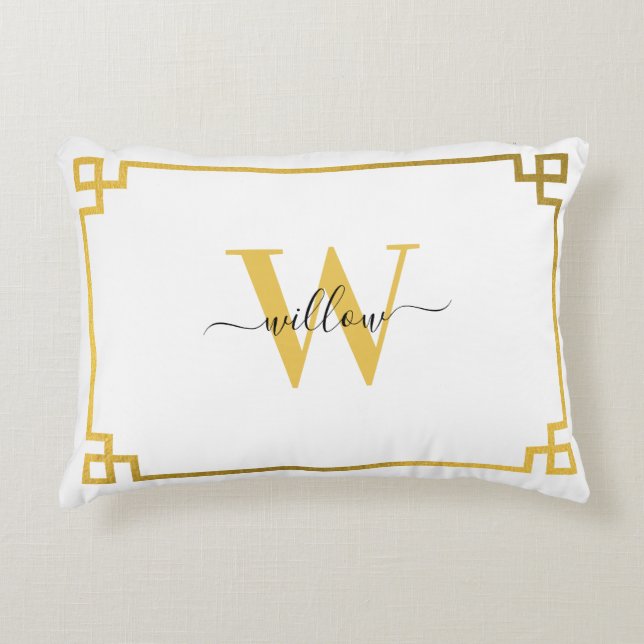 White & Gold Greek Key Monogrammen Accent Kussen (Voorkant)