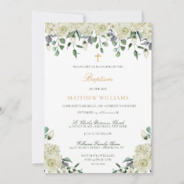 White Gold Green Floral Baptism Invitation Kaart