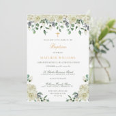 White Gold Green Floral Baptism Invitation Kaart (Staand voorkant)