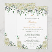 White Gold Green Floral Baptism Invitation Kaart (Voorkant / Achterkant)
