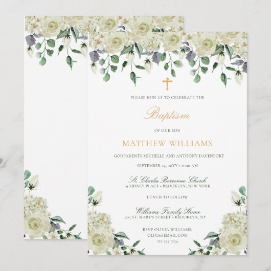 White Gold Green Floral Baptism Invitation Kaart (Voorkant / Achterkant)