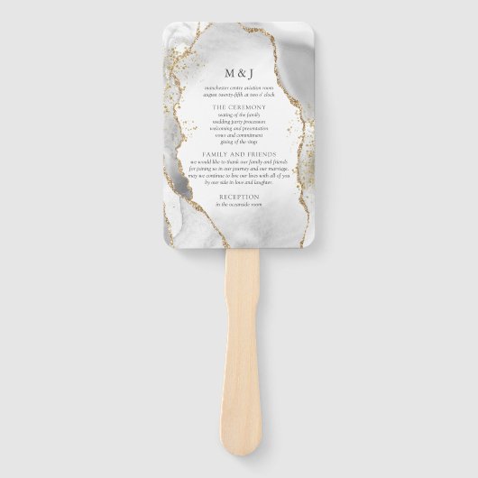 White, Gold & Grey Mist Agate Wedding Program Handwaaier (Voorkant)