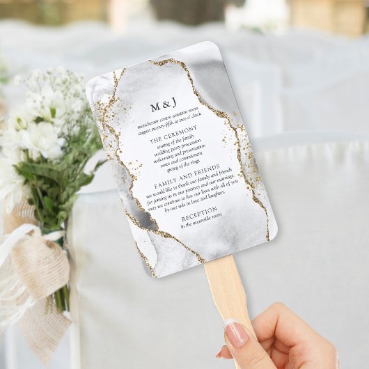 White, Gold & Grey Mist Agate Wedding Program Handwaaier