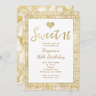 White & Gold Heart Glam SWEET 16 Party Invitation Kaart
