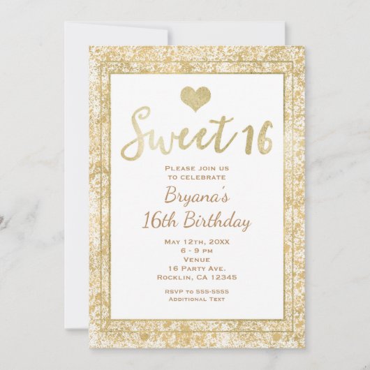 White & Gold Heart Glam SWEET 16 Party Uitnodiging (Voorkant)