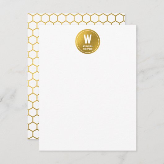 White & Gold Hexagon Pattern Monogram Initiaal Notitiekaartje (Voorkant / Achterkant)