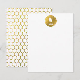 White & Gold Hexagon Pattern Monogram Initiaal Notitiekaartje
