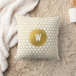 White & Gold Hexagon Pattern Monogramed Initiaal Kussen
