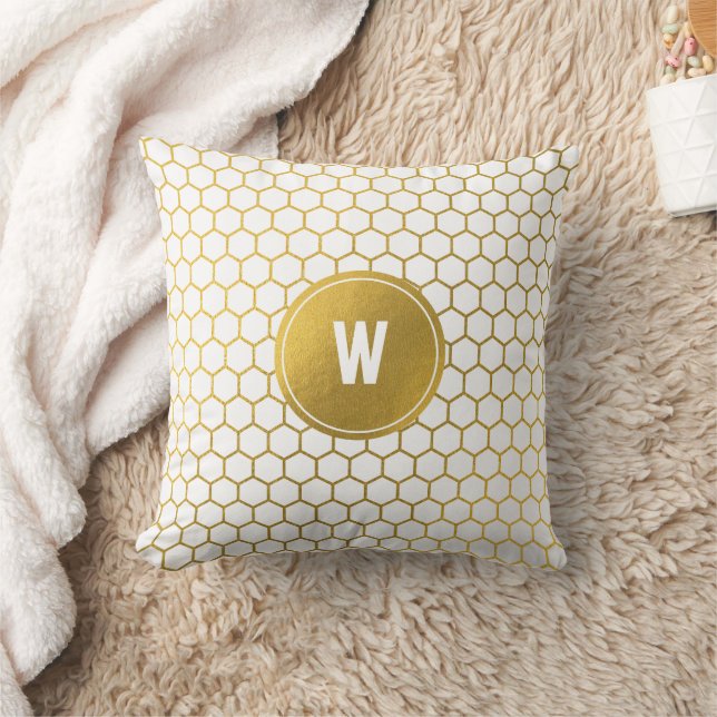 White & Gold Hexagon Pattern Monogramed Initiaal Kussen (Deken)