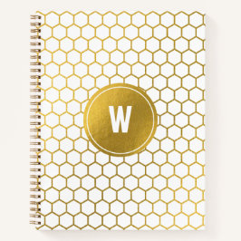 White & Gold Hexagon Pattern Monogramed Initiaal Notitieboek