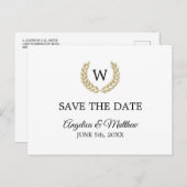 White Gold Laurel Monogram BEWAAR DE DATE Weddensc Aankondigingskaart (Voorkant / Achterkant)