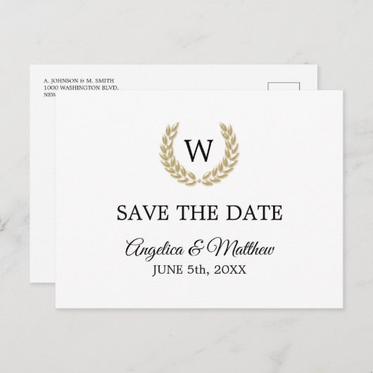 White Gold Laurel Monogram BEWAAR DE DATE Weddensc Aankondigingskaart (Voorkant / Achterkant)