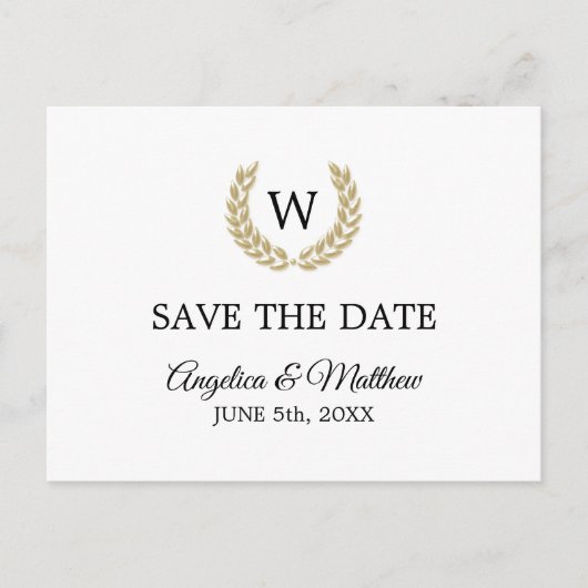 White Gold Laurel Monogram BEWAAR DE DATE Weddensc Aankondigingskaart (Voorkant)