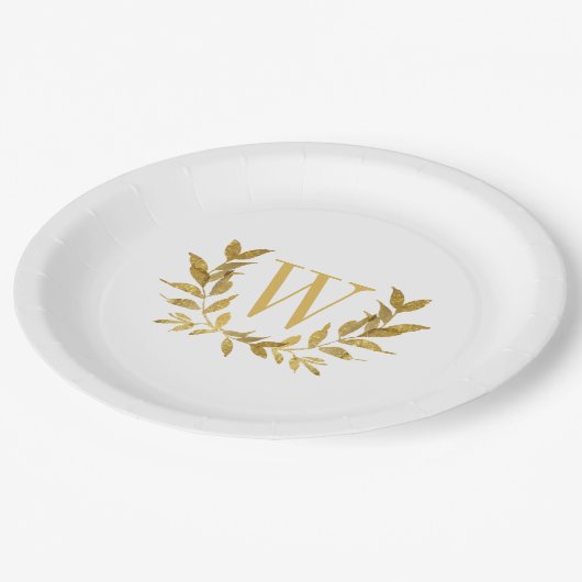 White Gold Leaf Monogram Elegant Chic Wedding Papieren Bordje (Gekanteld)