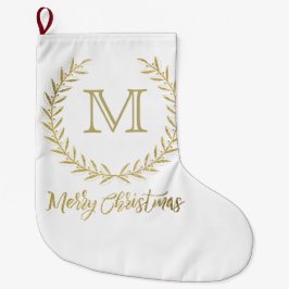 White & Gold Leaf Monogram Merry Kerstmis Grote Kerstsok