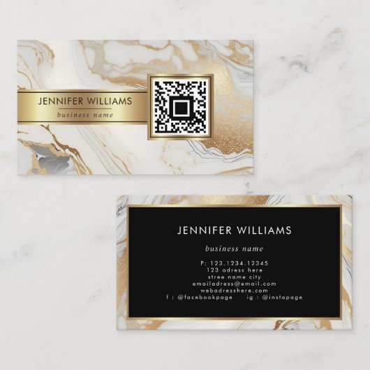 White Gold Marble Elegant Moderne Custom QR Code Visitekaartje (Voorkant / Achterkant)