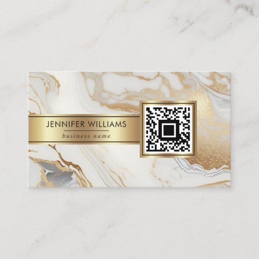 White Gold Marble Elegant Moderne Custom QR Code Visitekaartje (Voorkant)