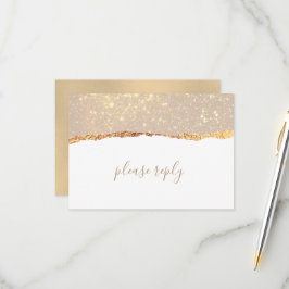 White Gold Marble Glam Wedding RSVP Kaart