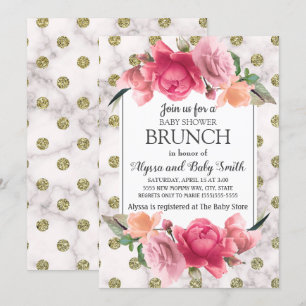 White Gold Marble Pink Floral Baby shower Brunch Kaart