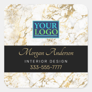 White & Gold Marble, uw Logo, DIY Business, zwart Vierkante Sticker