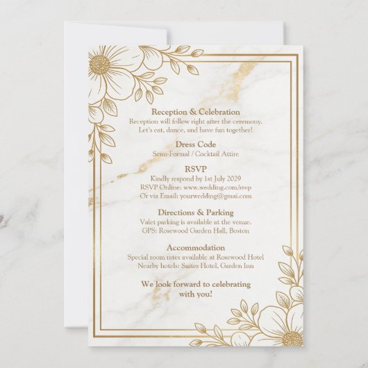 White gold marble wedding invitation kaart (Achterkant)