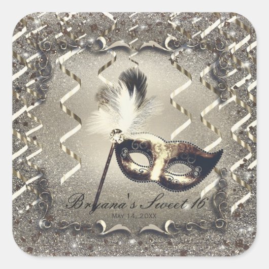 White Gold Masquerade Masker Masker Elegant Ball P Vierkante Sticker (Voorkant)