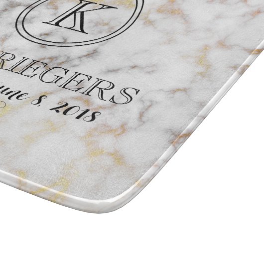 White Gold Metallic marble Monogram Weddenschap Snijplank (Hoek)
