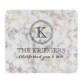 White Gold Metallic marble Monogram Weddenschap Snijplank (Voorkant)