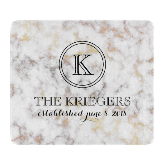 White Gold Metallic marble Monogram Weddenschap Snijplank (Voorkant)